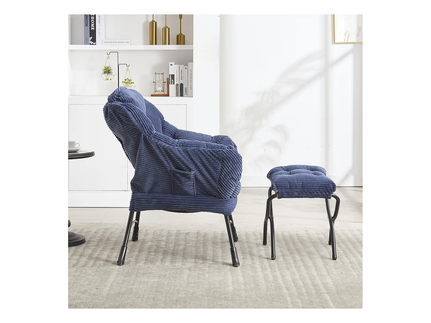 Canapé droit bleu - Canapé 1 place avec poches latérales et repose-pieds - pour chambre et salon