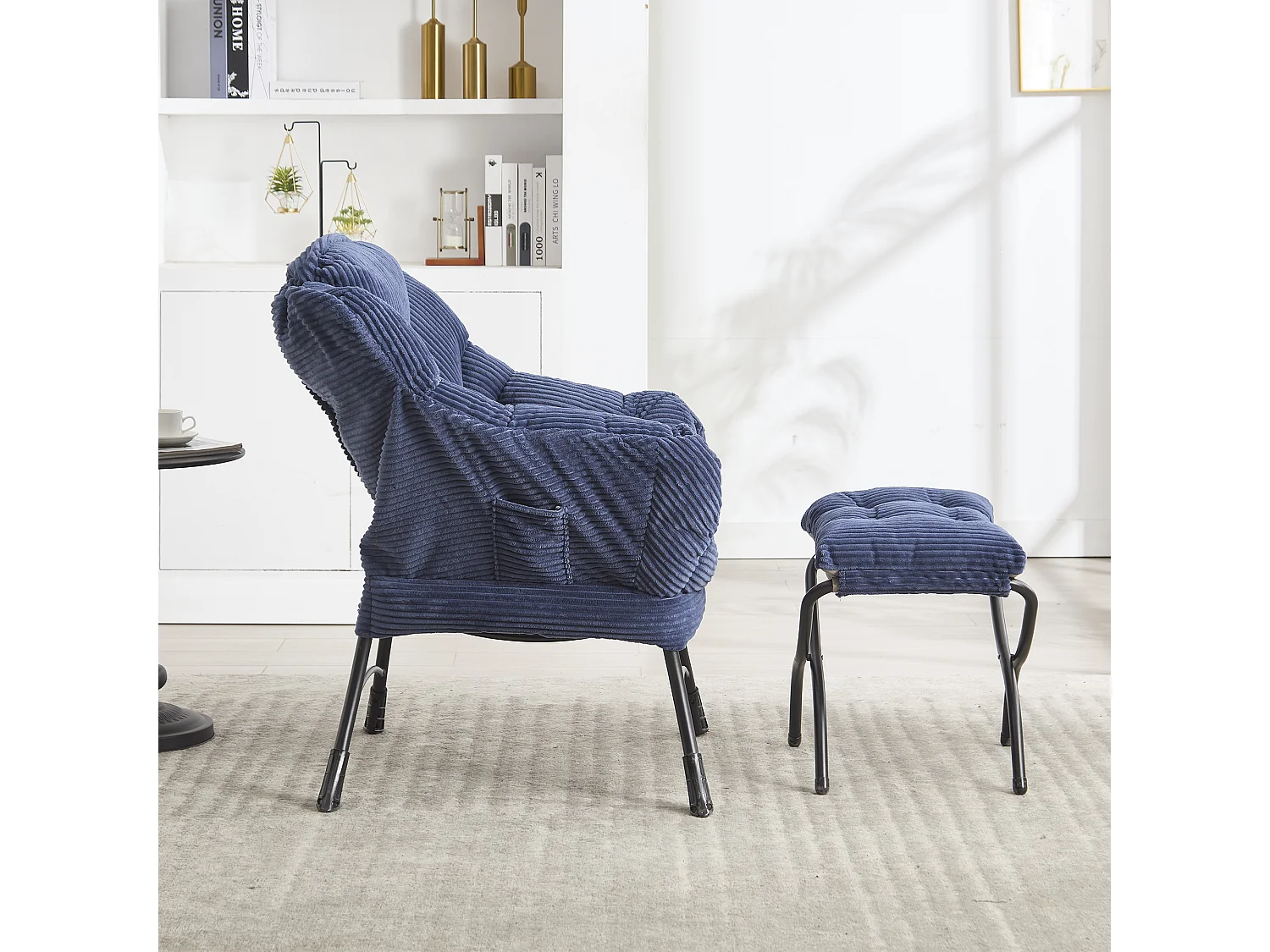 Canapé droit bleu - Canapé 1 place avec poches latérales et repose-pieds - pour chambre et salon