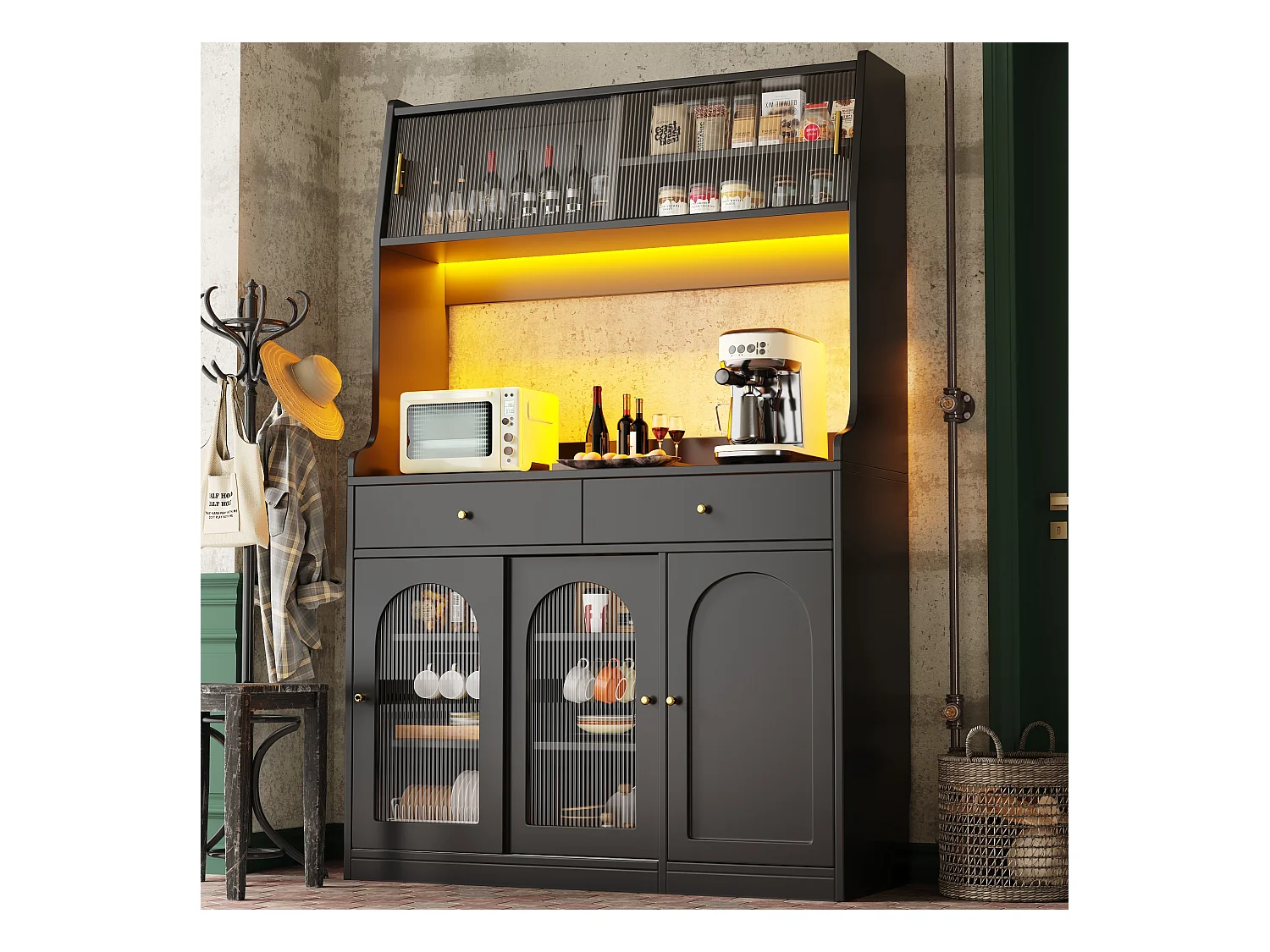 Buffet haut noir - Buffet avec 2 tiroirs et 5 portes - étagères réglables et éclairage LED