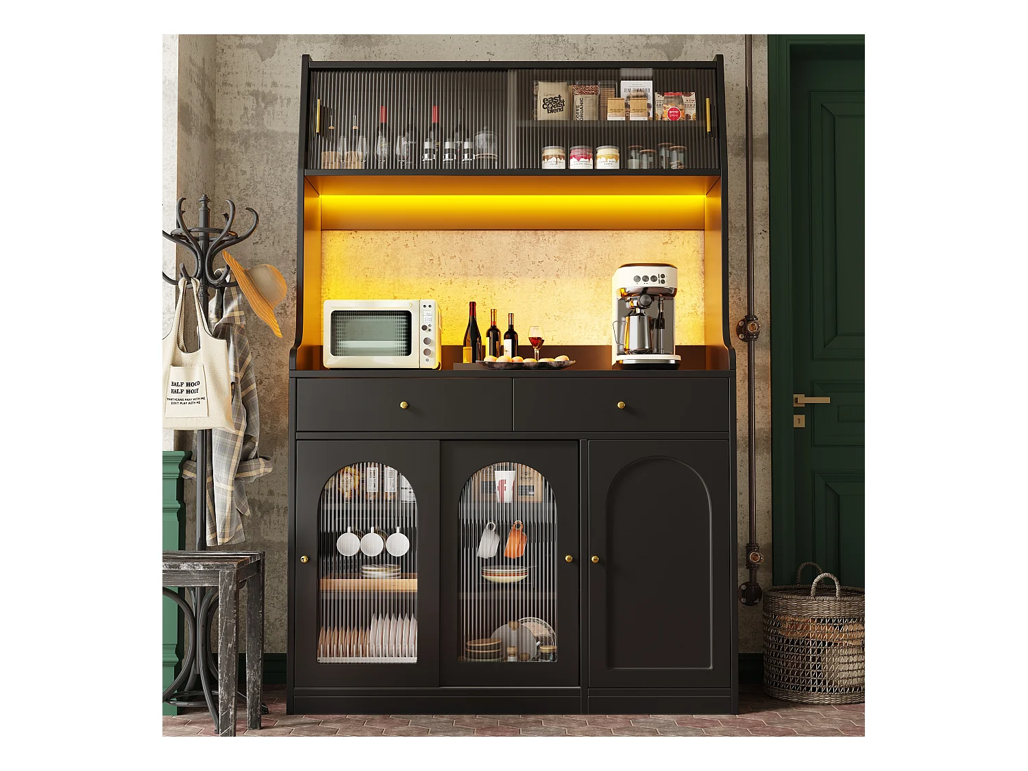 Buffet haut noir - Buffet avec 2 tiroirs et 5 portes - étagères réglables et éclairage LED