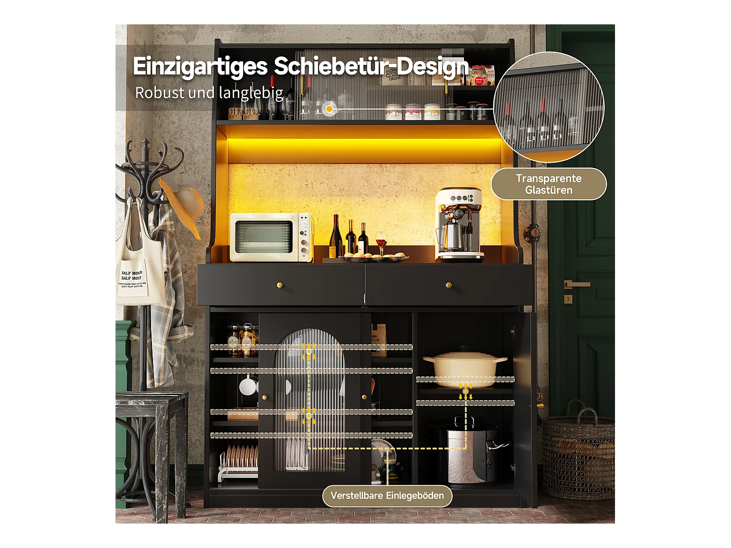 Buffet haut noir - Buffet avec 2 tiroirs et 5 portes - étagères réglables et éclairage LED