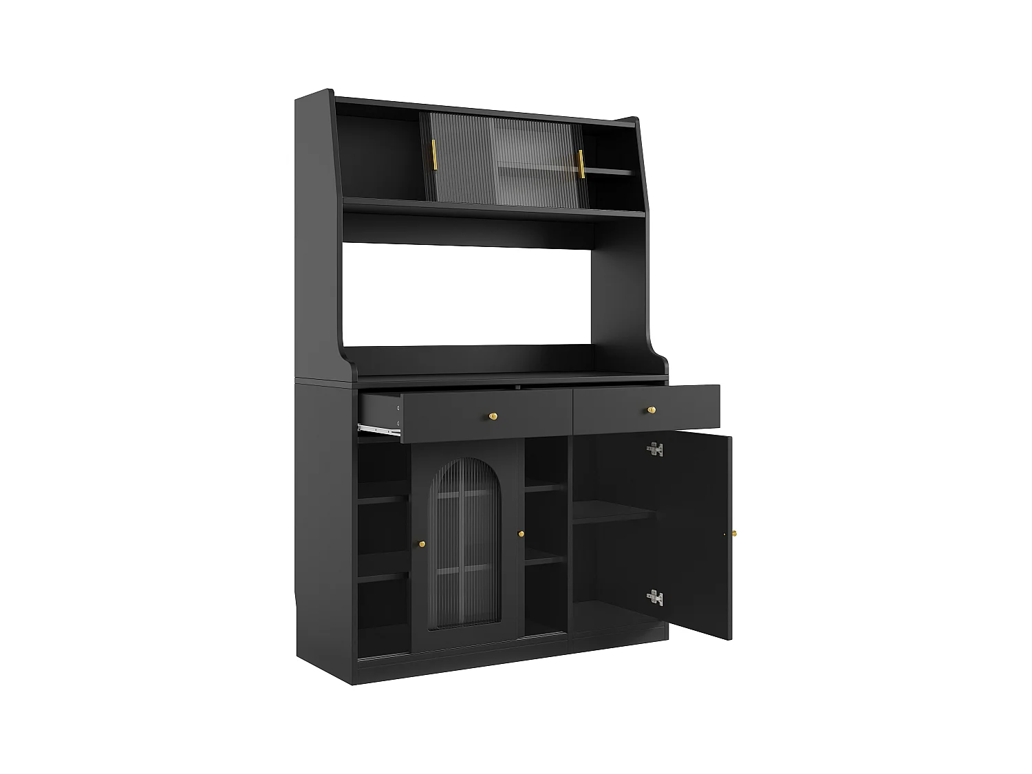 Buffet haut noir - Buffet avec 2 tiroirs et 5 portes - étagères réglables et éclairage LED