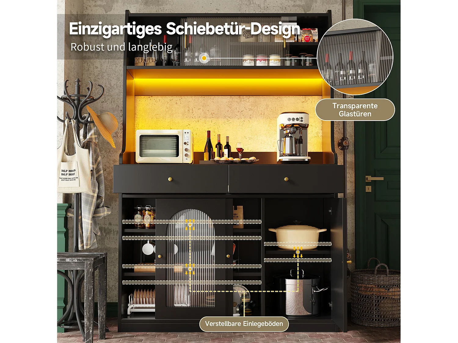 Buffet haut noir - Buffet avec 2 tiroirs et 5 portes - étagères réglables et éclairage LED