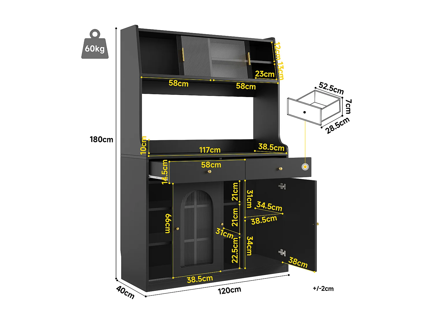 Buffet haut noir - Buffet avec 2 tiroirs et 5 portes - étagères réglables et éclairage LED