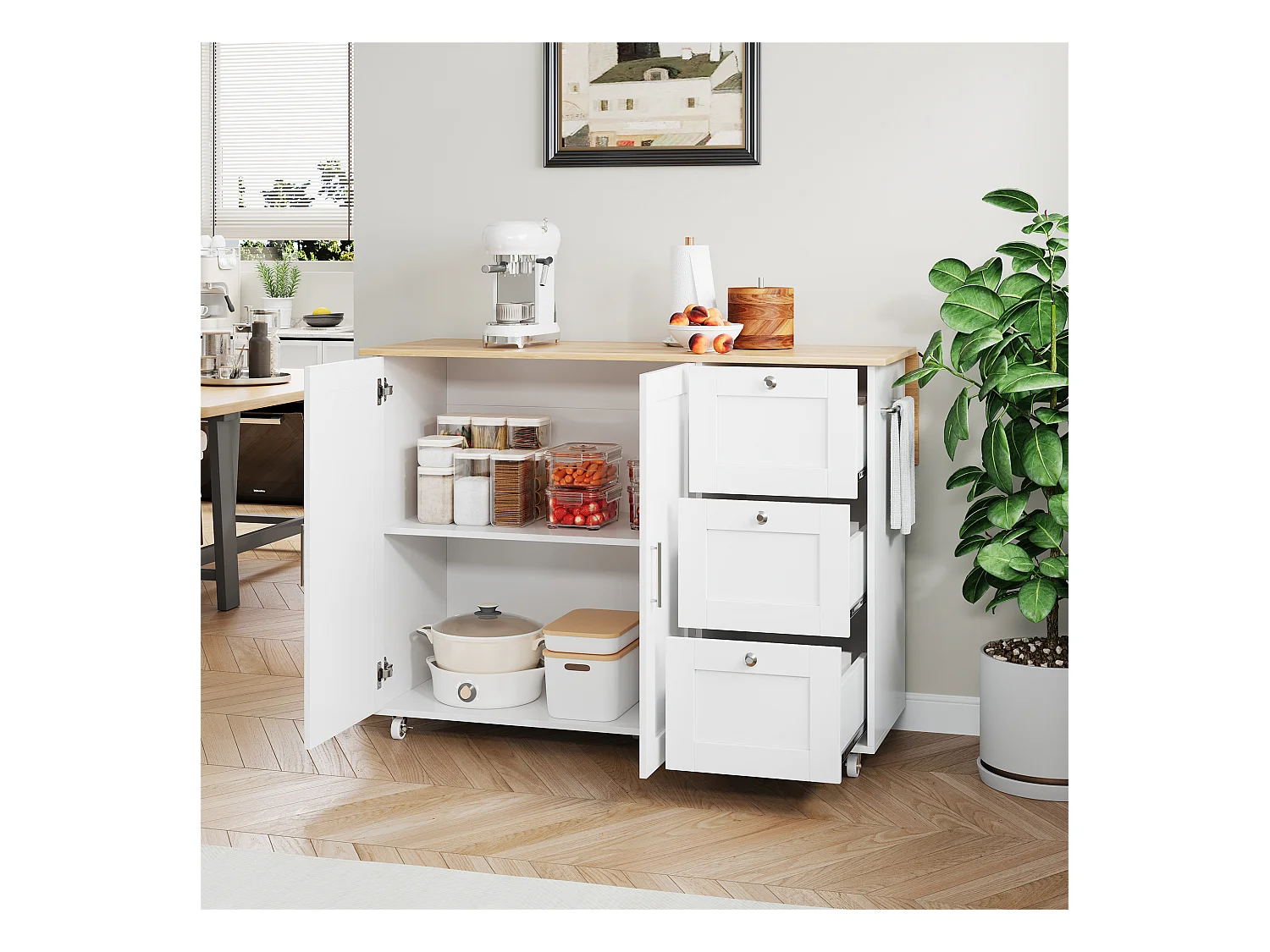 Desserte blanc - Îlot de cuisine à 3 tiroirs et 2 portes - porte-serviettes et roulettes - pour cuisine et salle à manger