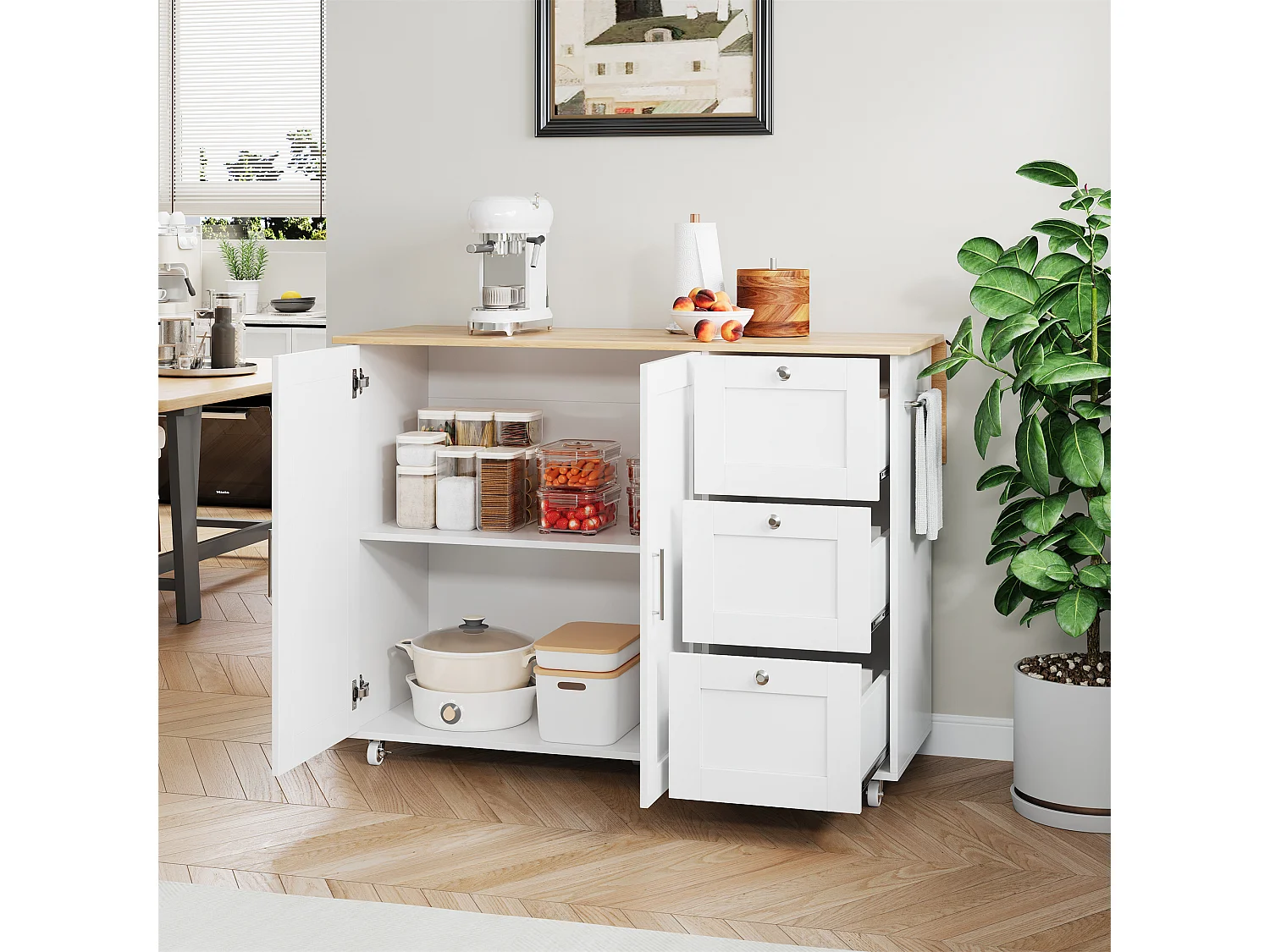 Carrello di servizio bianco - Isola da cucina con 3 cassetti e 2 ante - Portasciugamani e ruote - per cucina e sala da pranzo