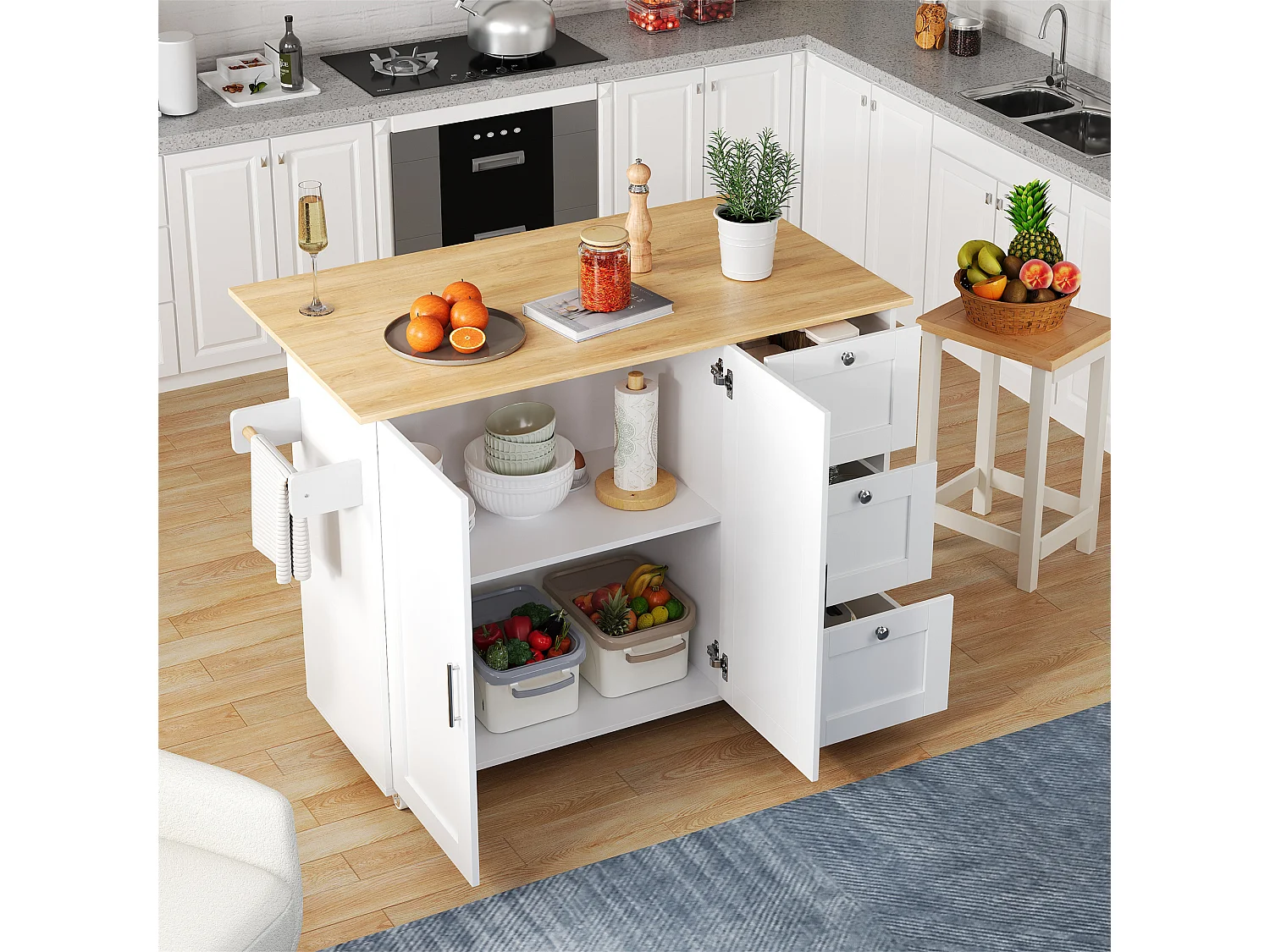 Carrello di servizio bianco - Isola da cucina con 3 cassetti e 2 ante - Portasciugamani e ruote - per cucina e sala da pranzo