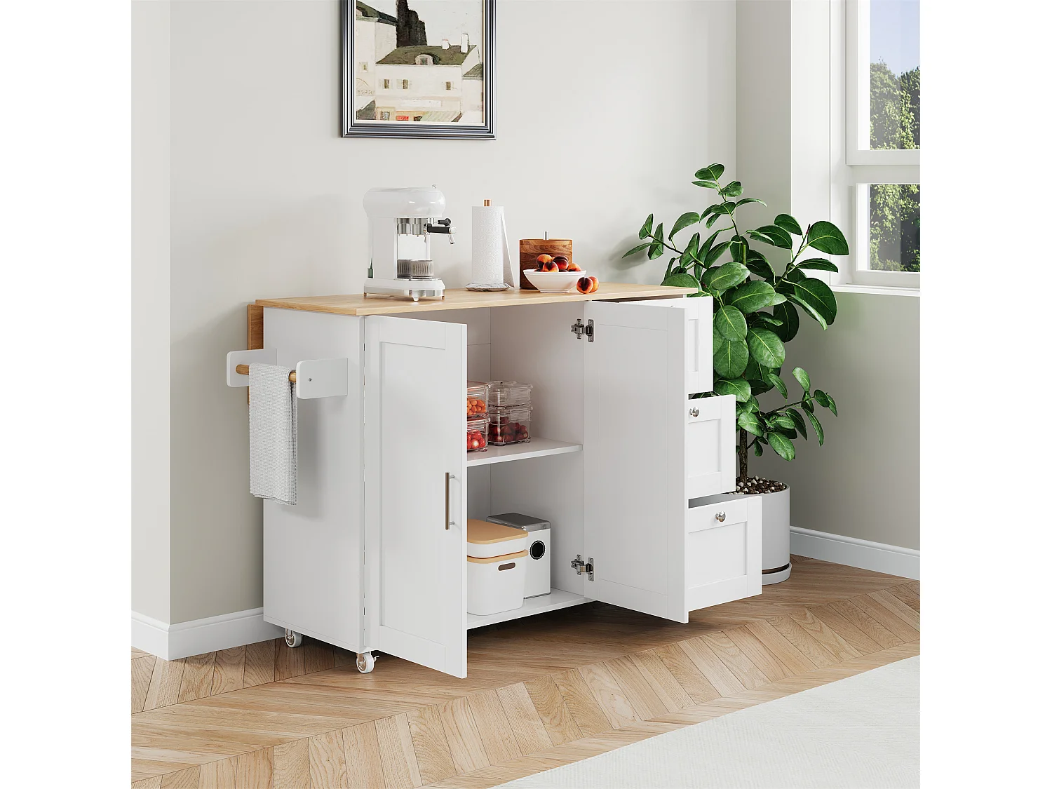 Carrello di servizio bianco - Isola da cucina con 3 cassetti e 2 ante - Portasciugamani e ruote - per cucina e sala da pranzo