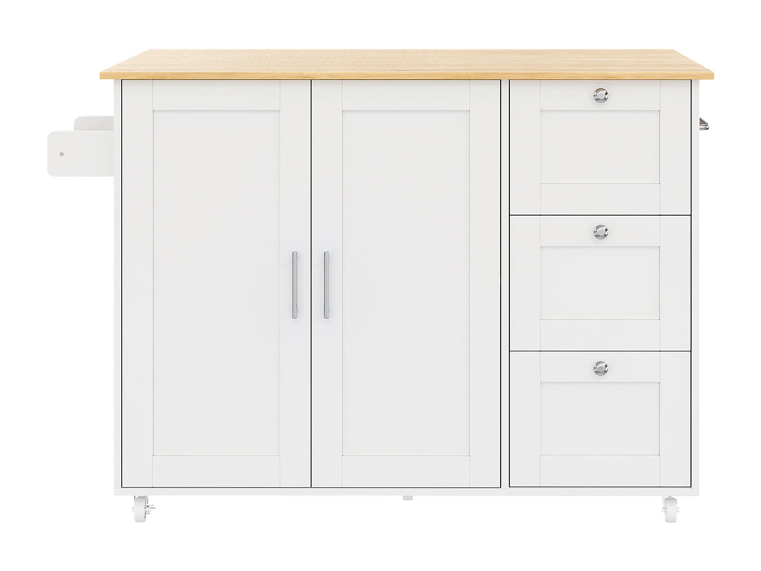 Carrello di servizio bianco - Isola da cucina con 3 cassetti e 2 ante - Portasciugamani e ruote - per cucina e sala da pranzo