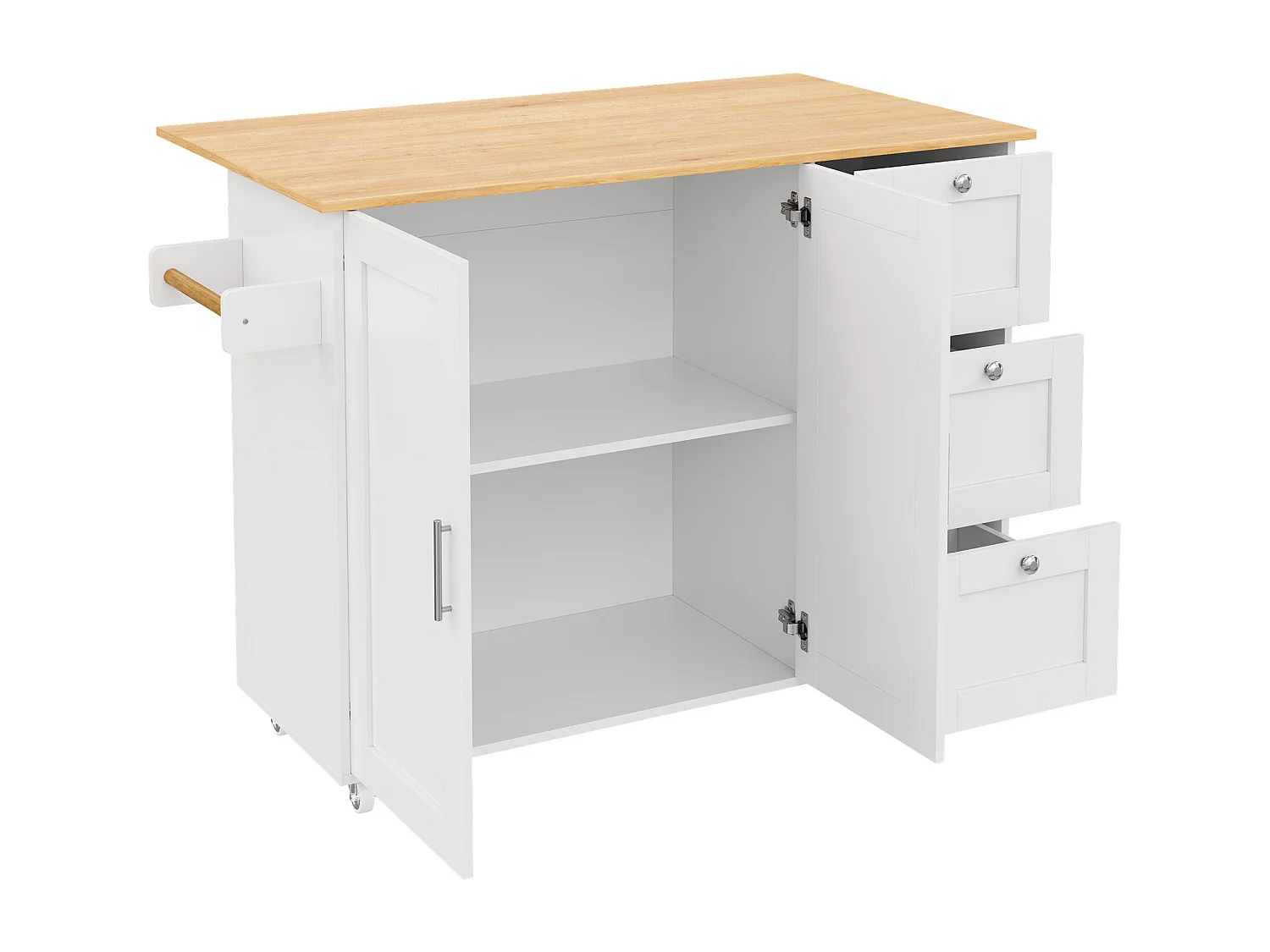 Carrello di servizio bianco - Isola da cucina con 3 cassetti e 2 ante - Portasciugamani e ruote - per cucina e sala da pranzo