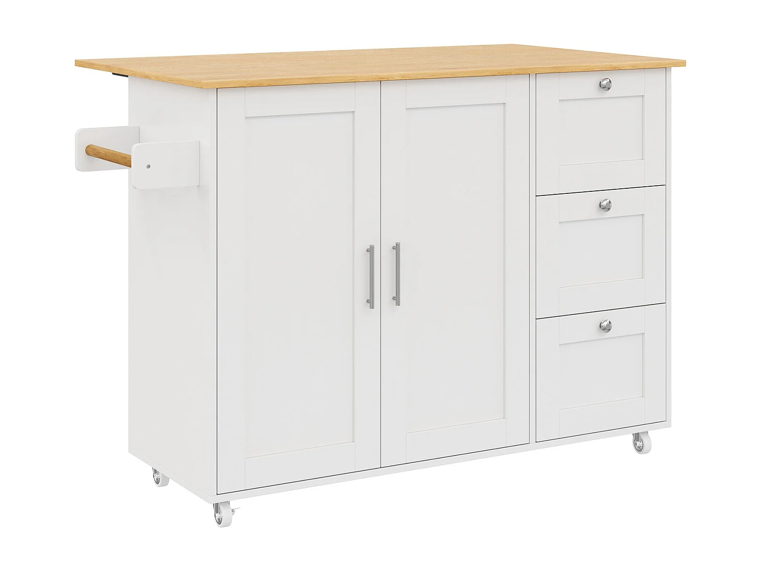 Carrello di servizio bianco - Isola da cucina con 3 cassetti e 2 ante - Portasciugamani e ruote - per cucina e sala da pranzo