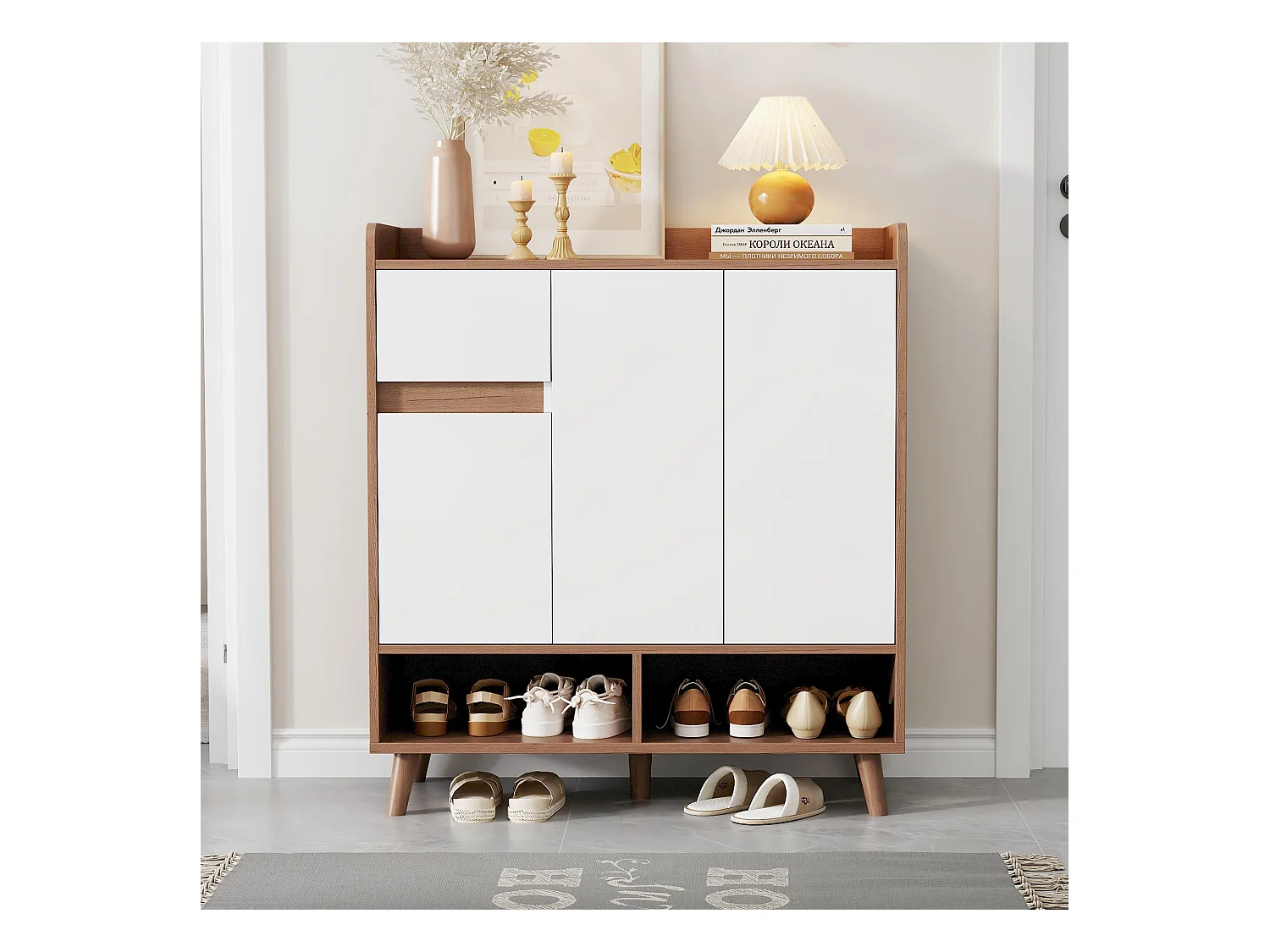 Meuble à chaussures naturel - Meuble à chaussures avec 1 tiroir et 3 portes - étagères réglables et rangement ouvert