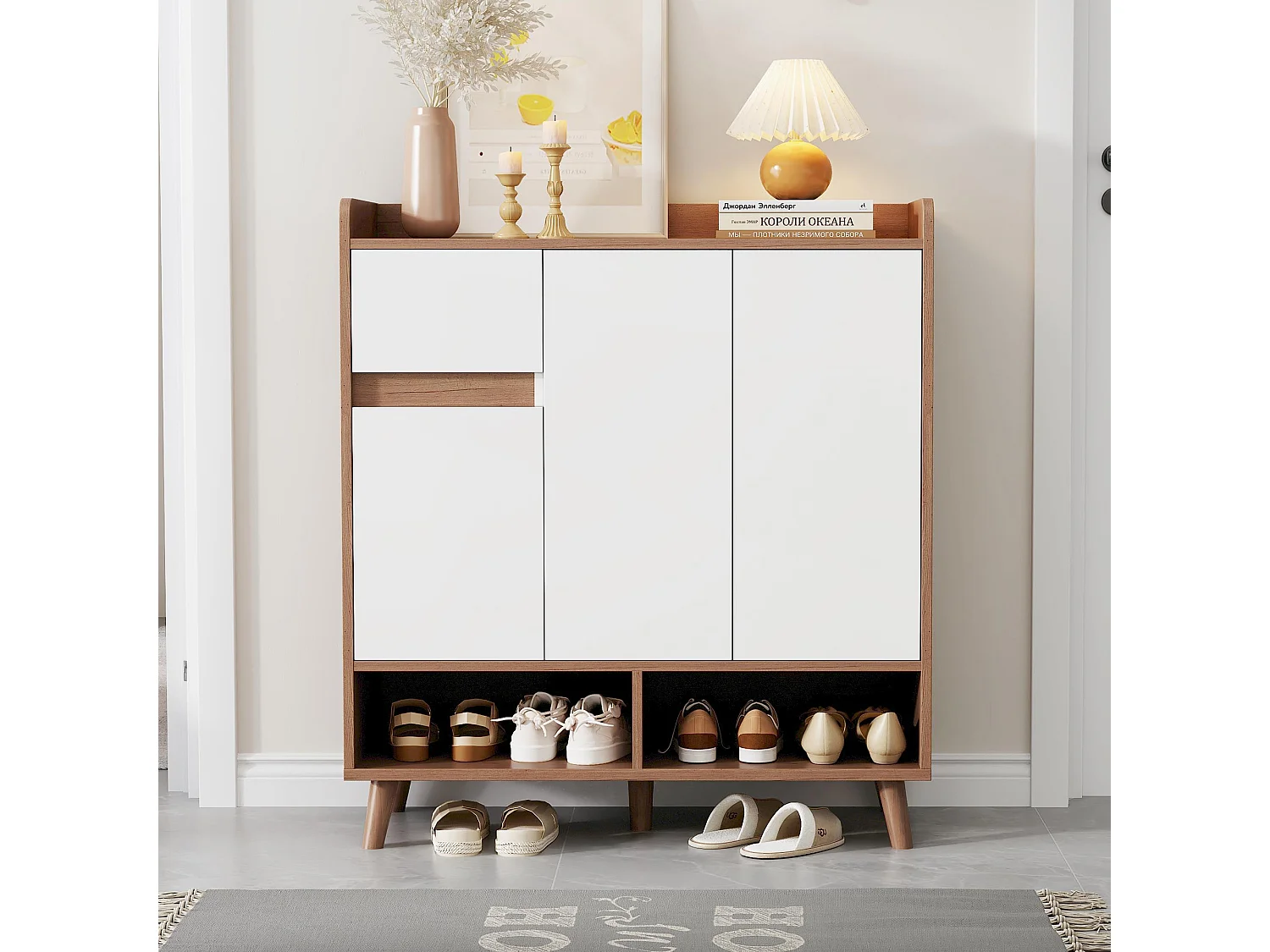 Meuble à chaussures naturel - Meuble à chaussures avec 1 tiroir et 3 portes - étagères réglables et rangement ouvert