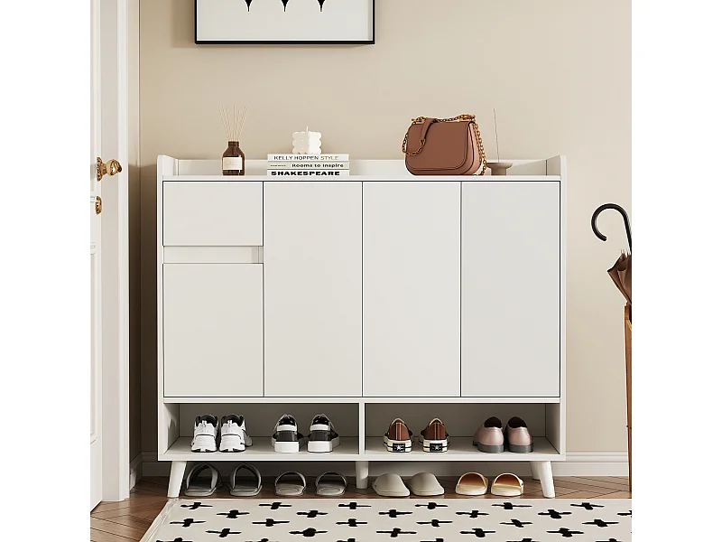 Meuble à chaussures blanc - Meuble à chaussures avec 1 tiroir et 4 portes - étagères réglables et rangement ouvert