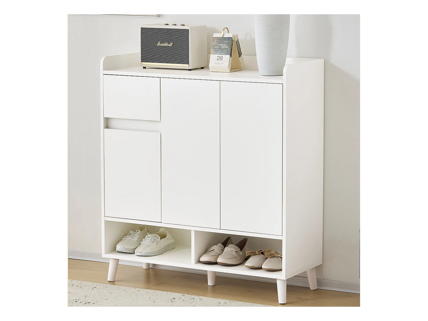 Meuble à chaussures blanc - Meuble à chaussures avec 1 tiroir et 3 portes - étagères réglables et rangement ouvert