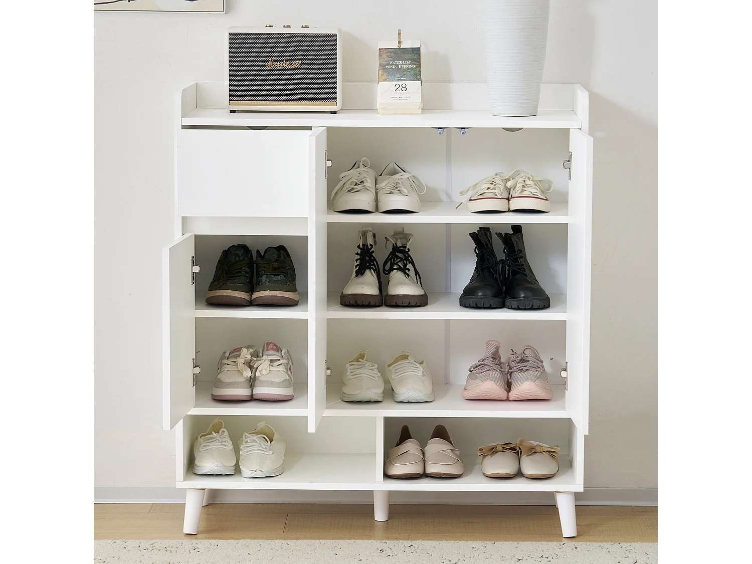 Meuble à chaussures blanc - Meuble à chaussures avec 1 tiroir et 3 portes - étagères réglables et rangement ouvert