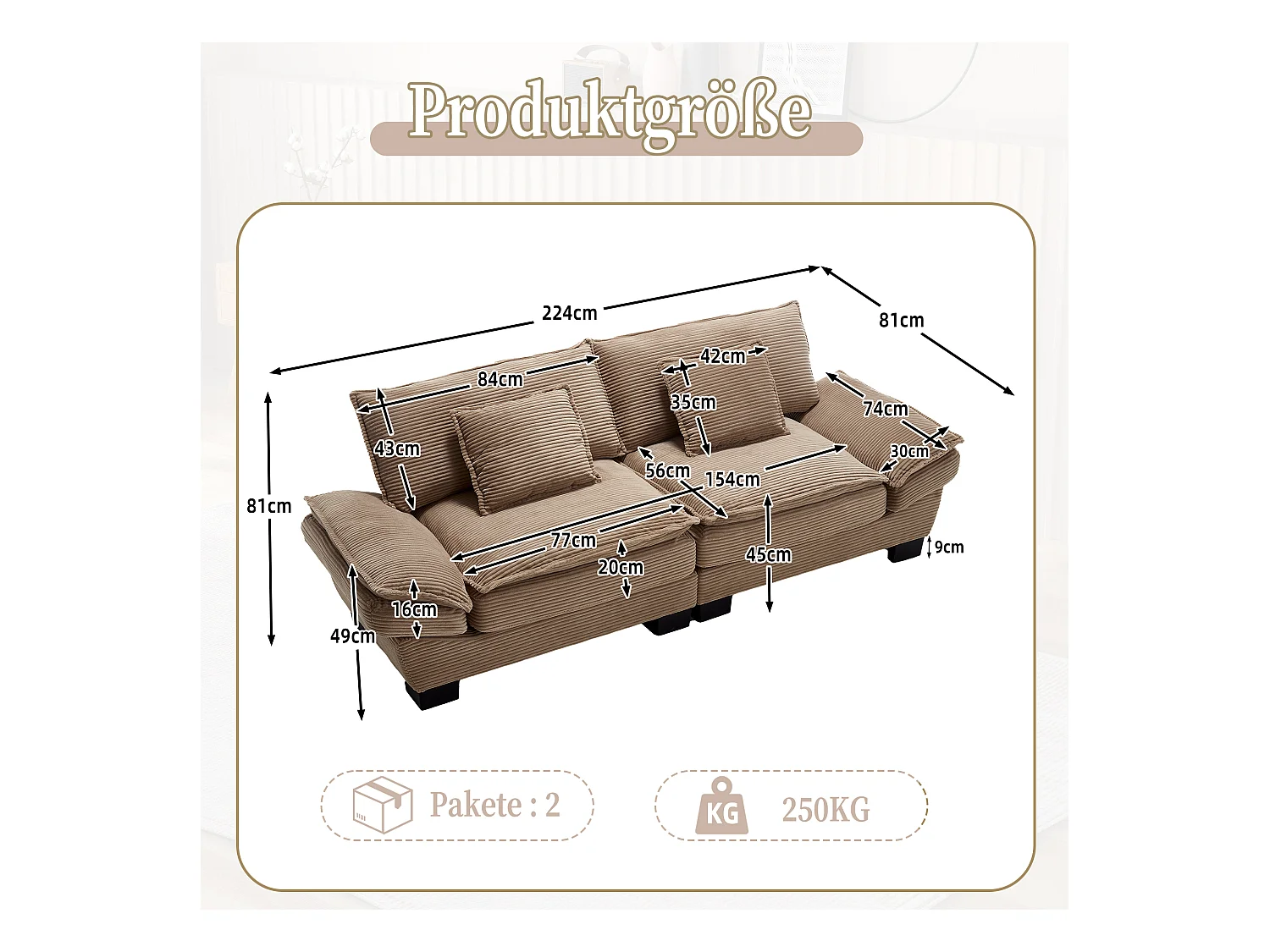 2-Sitzer-Sofa - Gerades Sofa mit Kissen - Khaki - für wohnzimmer und schlafzimmer