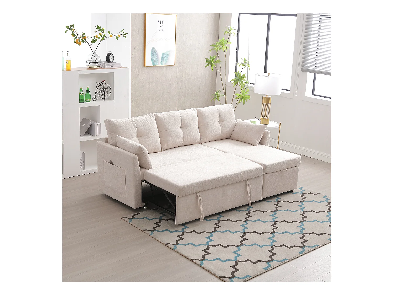 Canapé d'angle beige - avec coussins et assise coffre - poches latérales de rangement