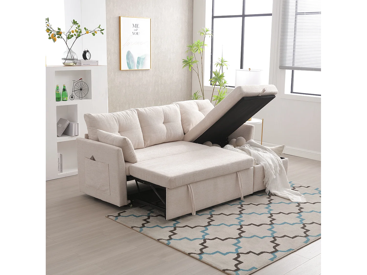 Canapé d'angle beige - avec coussins et assise coffre - poches latérales de rangement