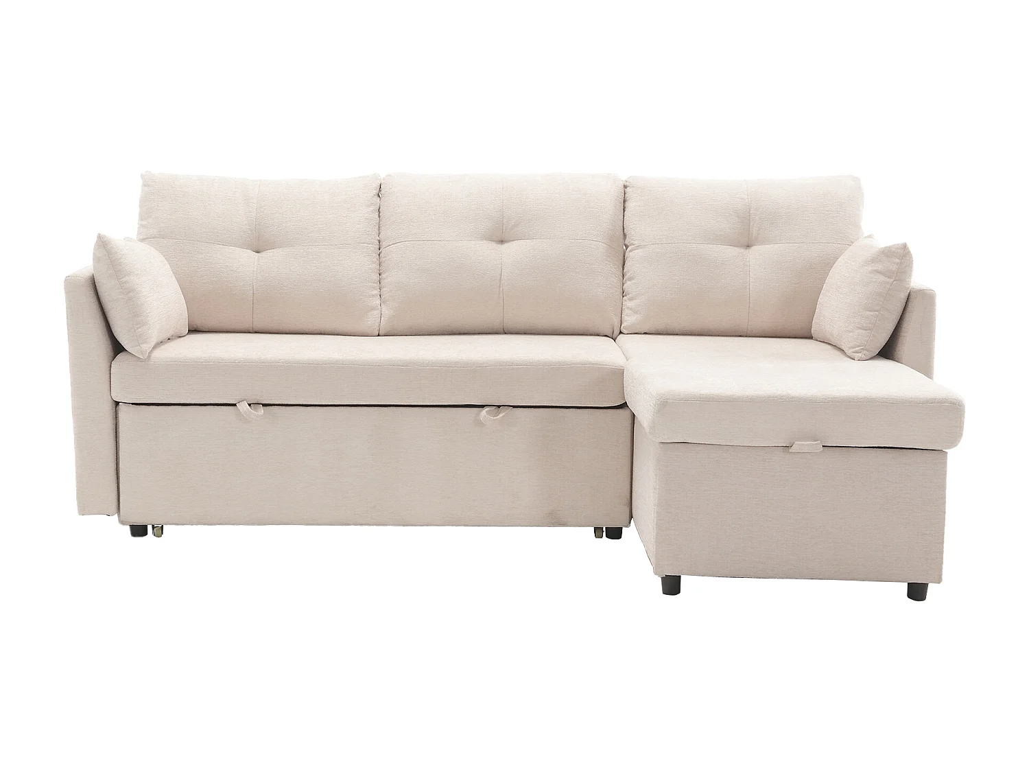 Canapé d'angle beige - avec coussins et assise coffre - poches latérales de rangement