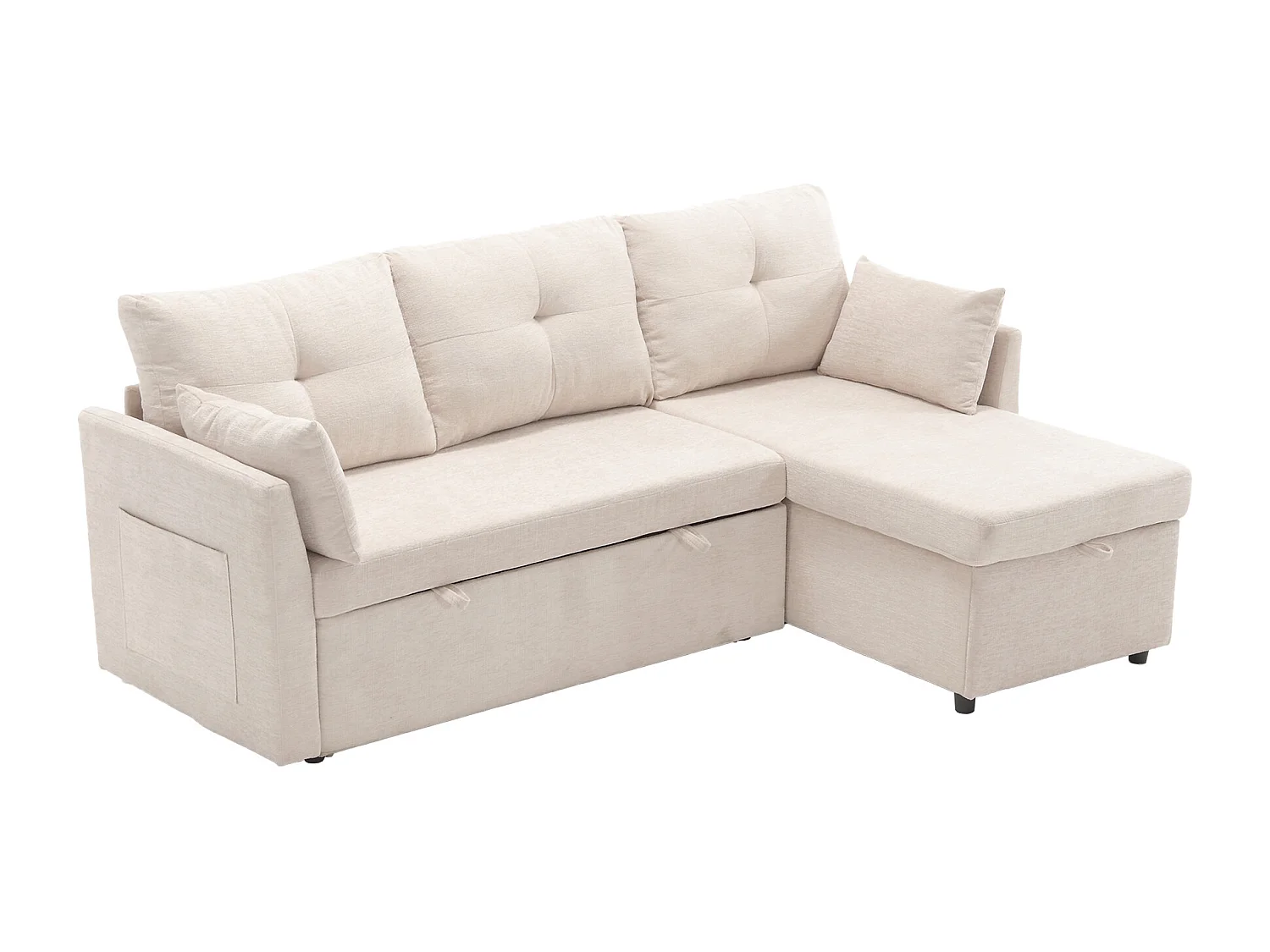 Canapé d'angle beige - avec coussins et assise coffre - poches latérales de rangement