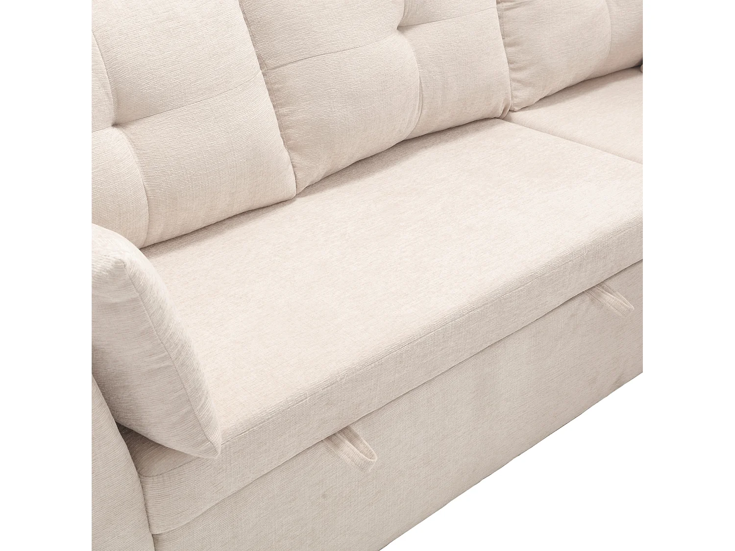 Canapé d'angle beige - avec coussins et assise coffre - poches latérales de rangement