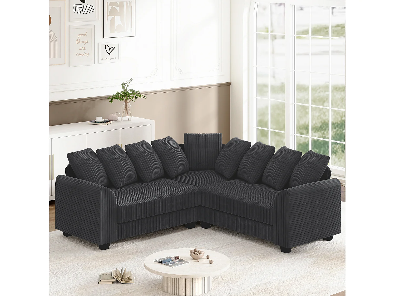 Canapé d'angle gris - Canapé 4 places avec coussins de dossier et accoudoirs - pour le salon