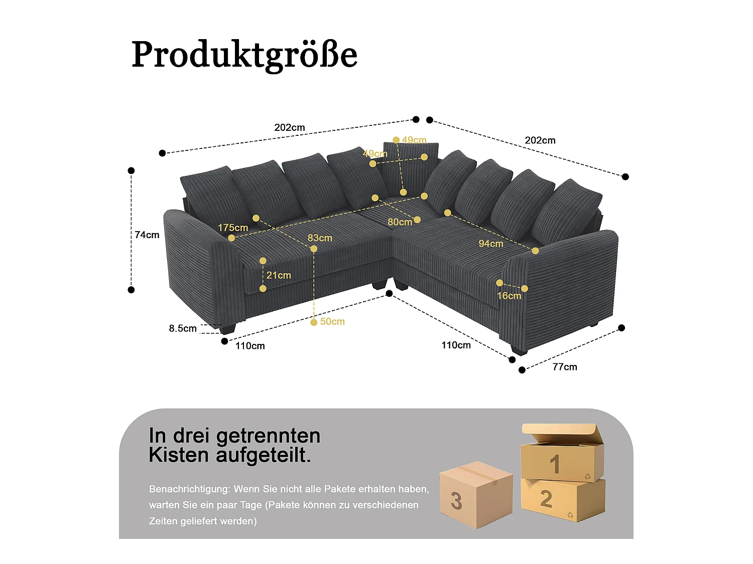 Canapé d'angle gris - Canapé 4 places avec coussins de dossier et accoudoirs - pour le salon