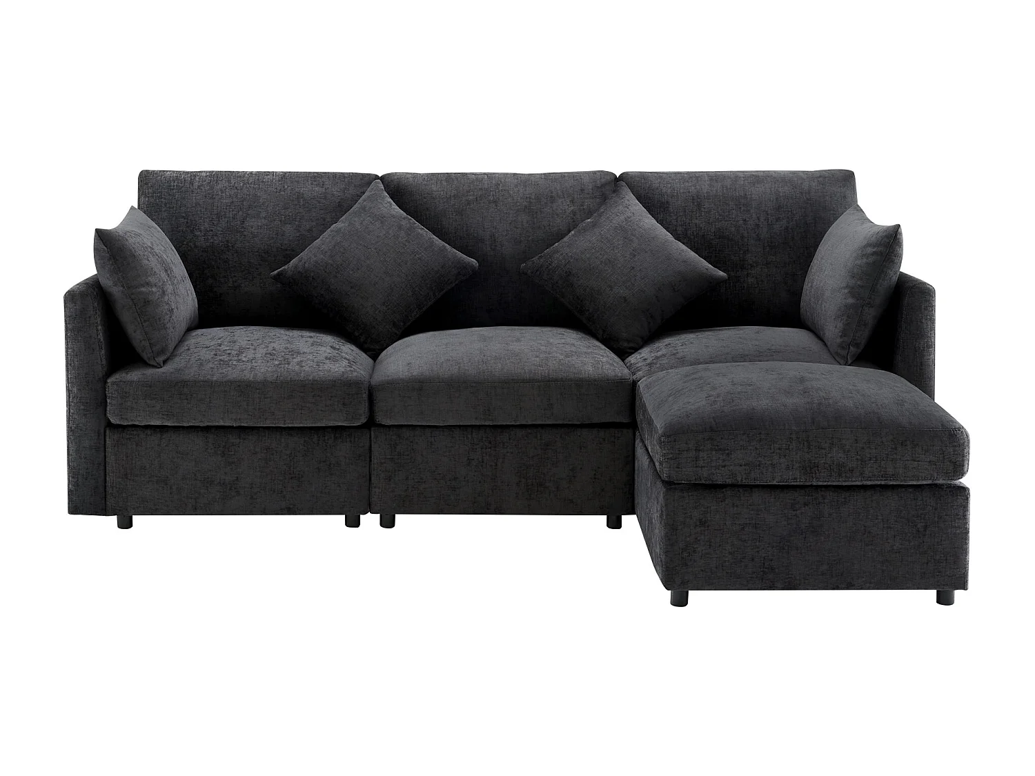 Szara sofa narożna - sofa 4-osobowa z podnóżkiem i poduszkami oparcia - do salonu