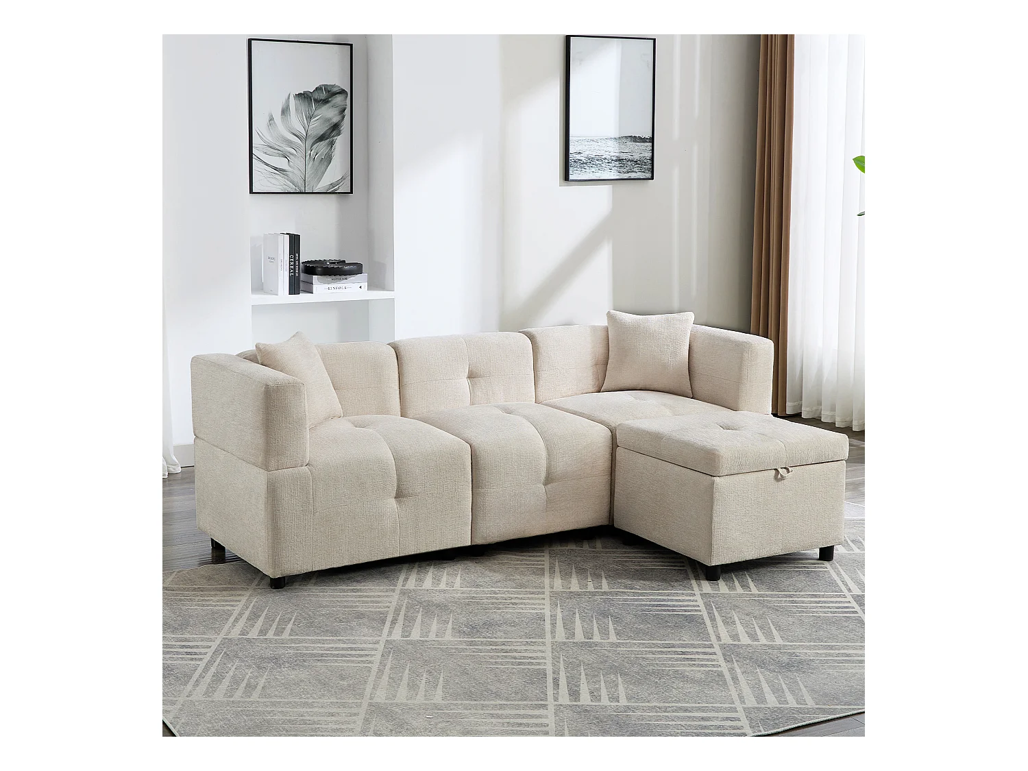 Canapé d'angle beige - Canapé 3 places avec repose-pieds coffre et 2 coussins - pour salon et bureau