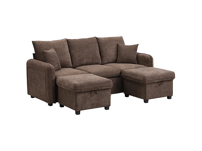 Canapé d'angle marron - Canapé 3 places avec 2 tiroirs et 2 tabourets de rangement - amovible