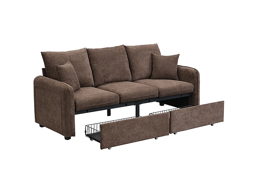 Canapé d'angle marron - Canapé 3 places avec 2 tiroirs et 2 tabourets de rangement - amovible