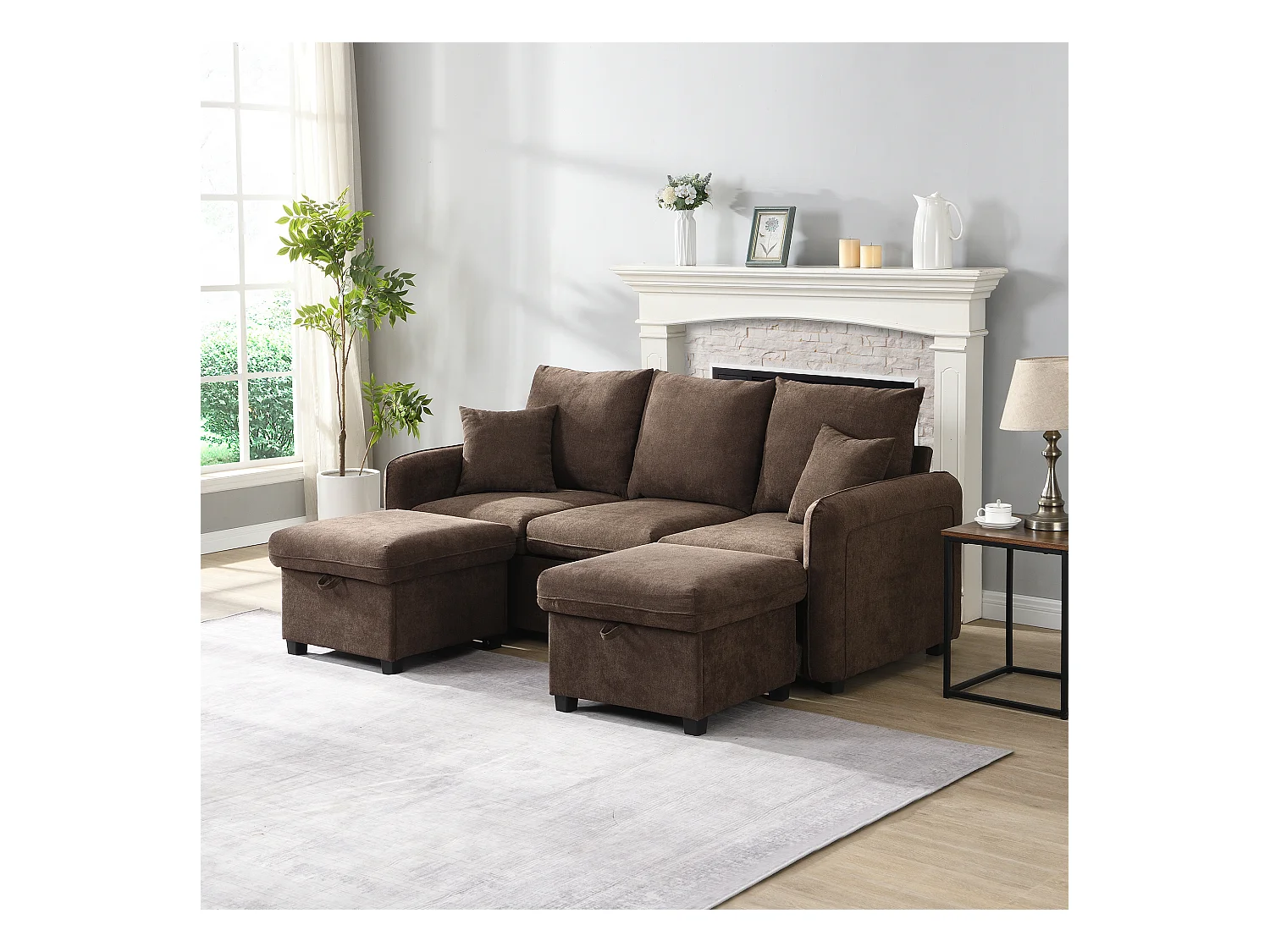 Brązowa sofa narożna - Sofa 3-osobowa z 2 szufladami i 2 pufami ze schowkiem - szenil