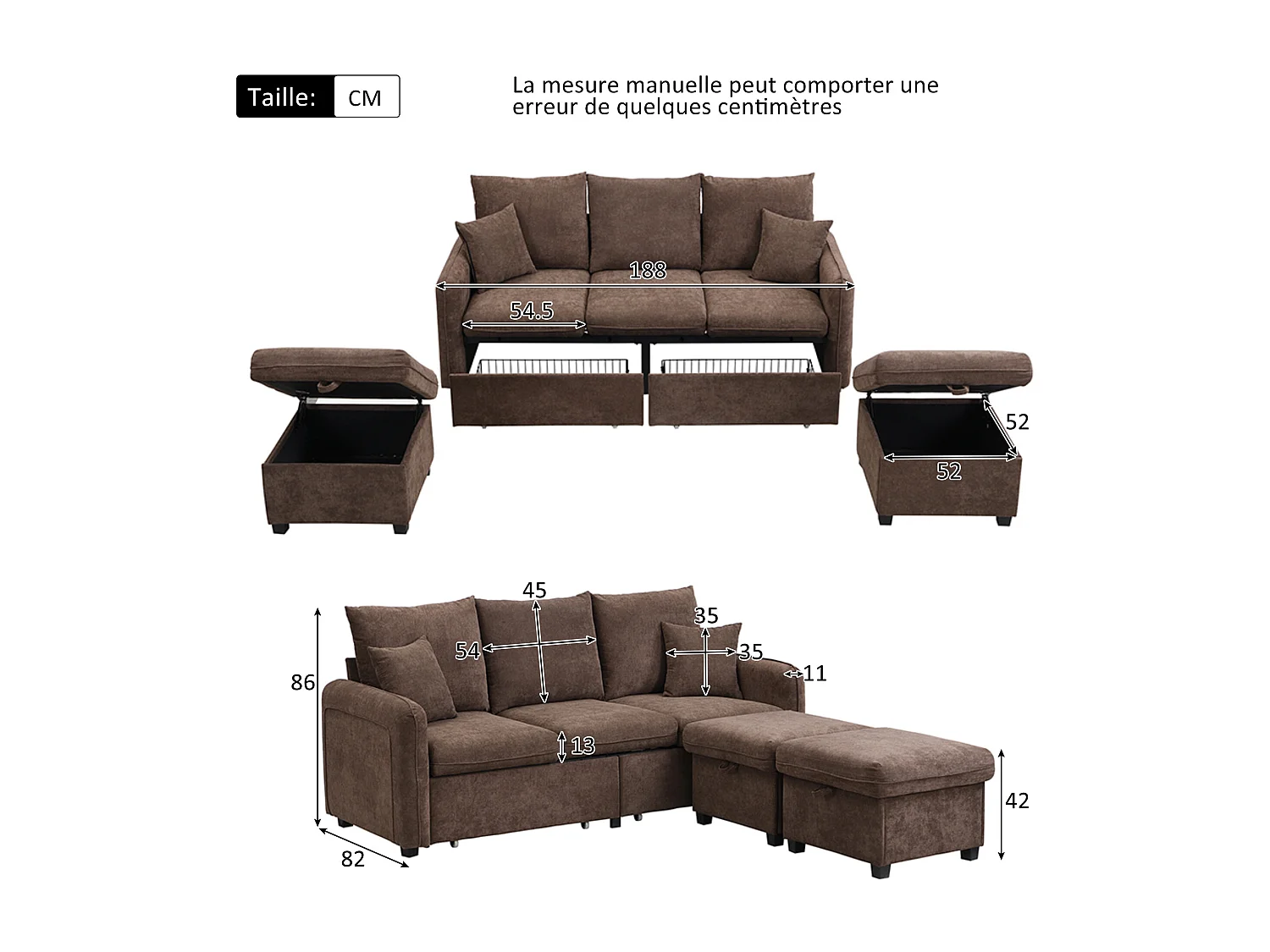 Braunes Ecksofa - 3-Sitzer-Sofa mit 2 Schubladen und 2 Hockern mit Stauraum - abnehmbar