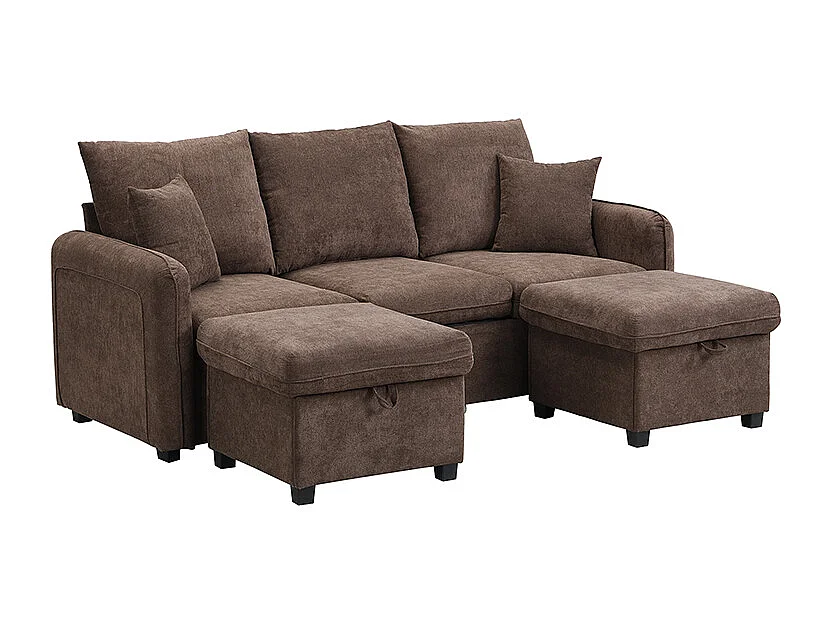 Braunes Ecksofa - 3-Sitzer-Sofa mit 2 Schubladen und 2 Hockern mit Stauraum - abnehmbar