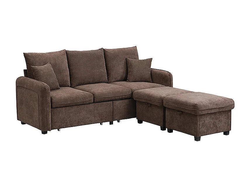 Braunes Ecksofa - 3-Sitzer-Sofa mit 2 Schubladen und 2 Hockern mit Stauraum - abnehmbar