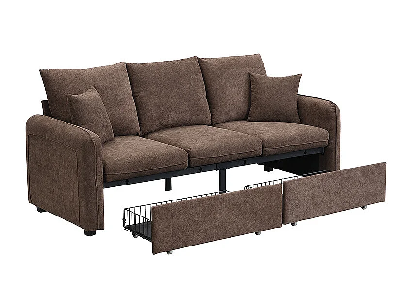 Braunes Ecksofa - 3-Sitzer-Sofa mit 2 Schubladen und 2 Hockern mit Stauraum - abnehmbar