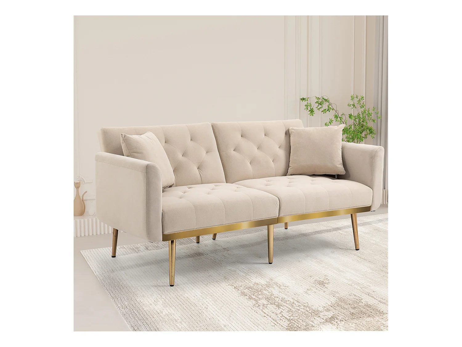 Canapé droit beige - avec dossier réglable et coussins - pour salon et chambre