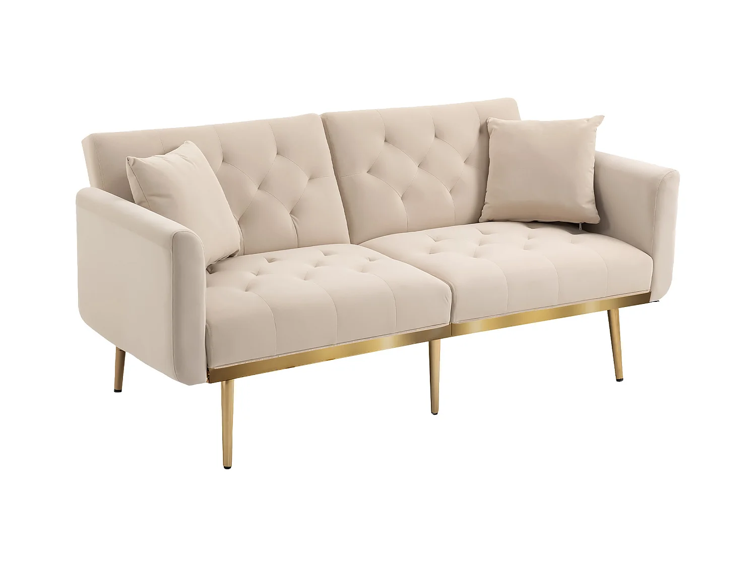 Canapé droit beige - avec dossier réglable et coussins - pour salon et chambre