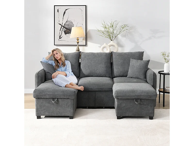 Szara sofa narożna - Sofa 3-osobowa z 2 szufladami i 2 pufami ze schowkiem - szenil