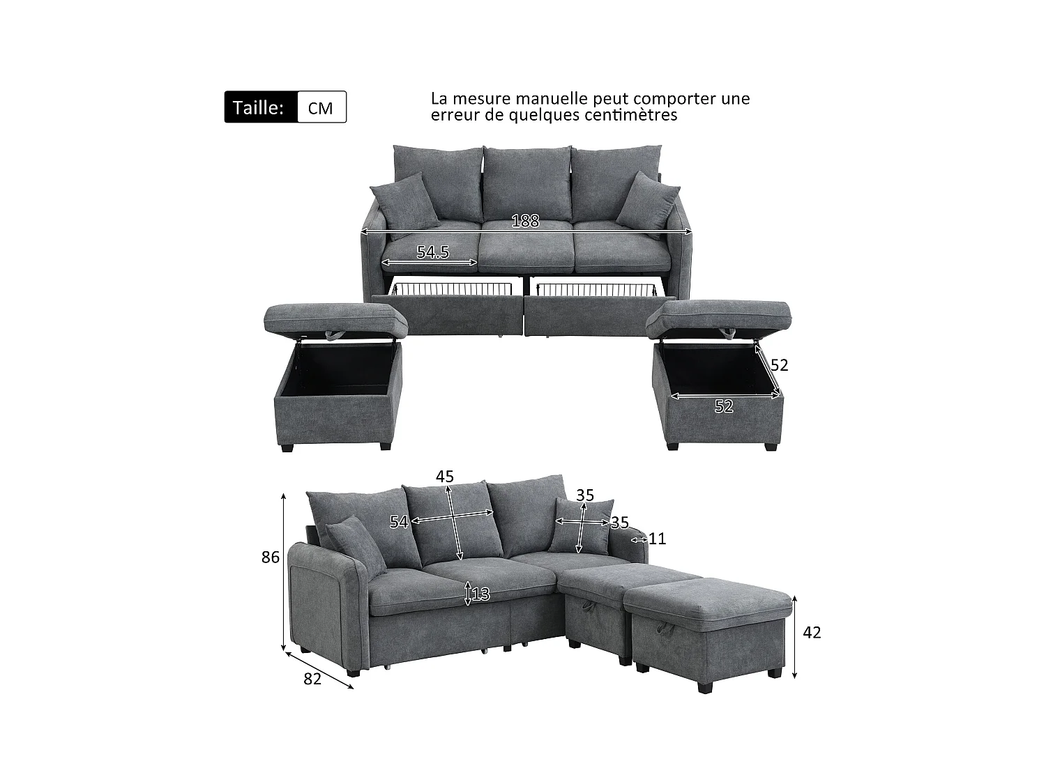 Canapé d'angle gris - Canapé 3 places avec 2 tiroirs et 2 tabourets de rangement - amovible