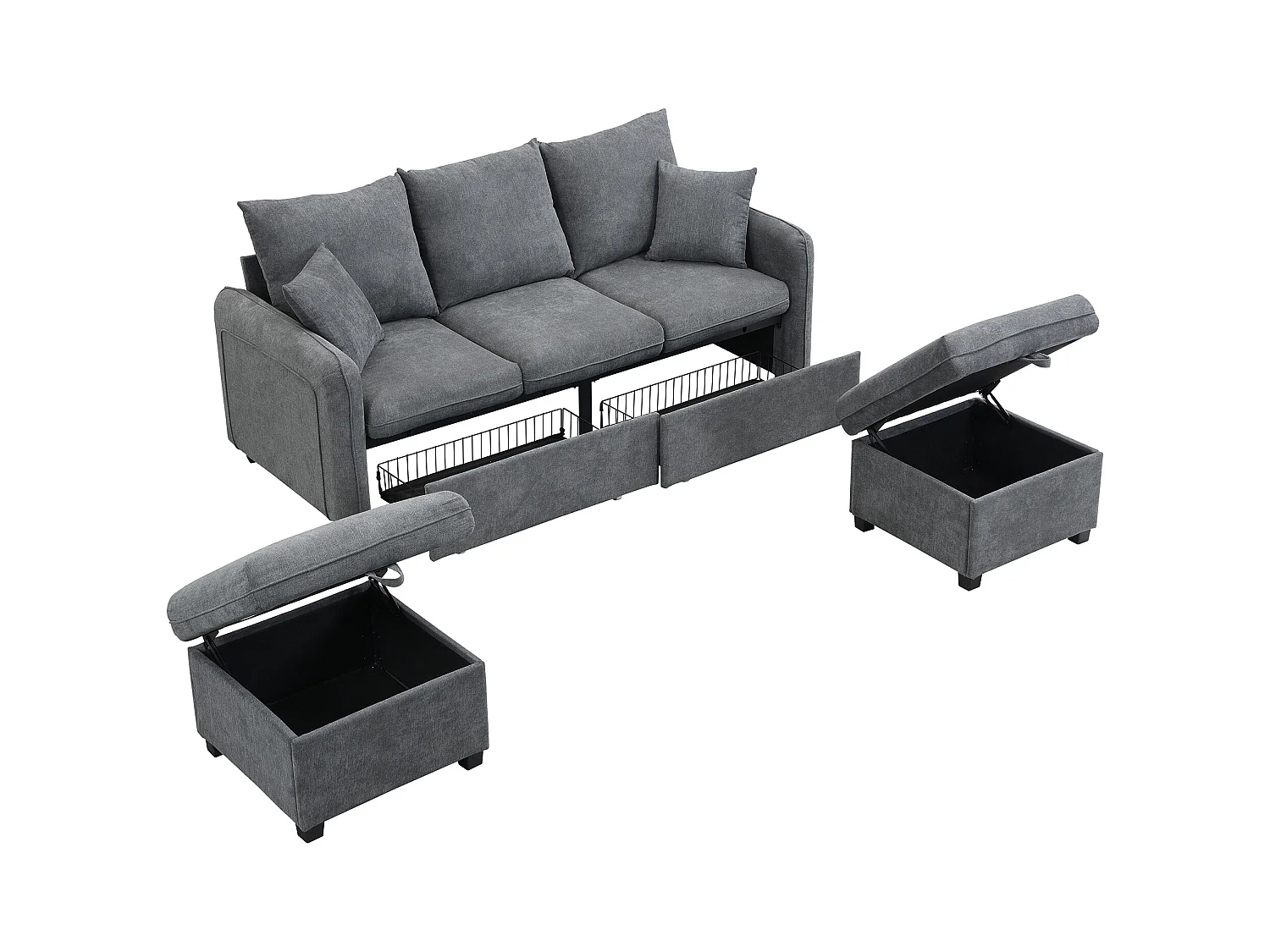 Canapé d'angle gris - Canapé 3 places avec 2 tiroirs et 2 tabourets de rangement - amovible