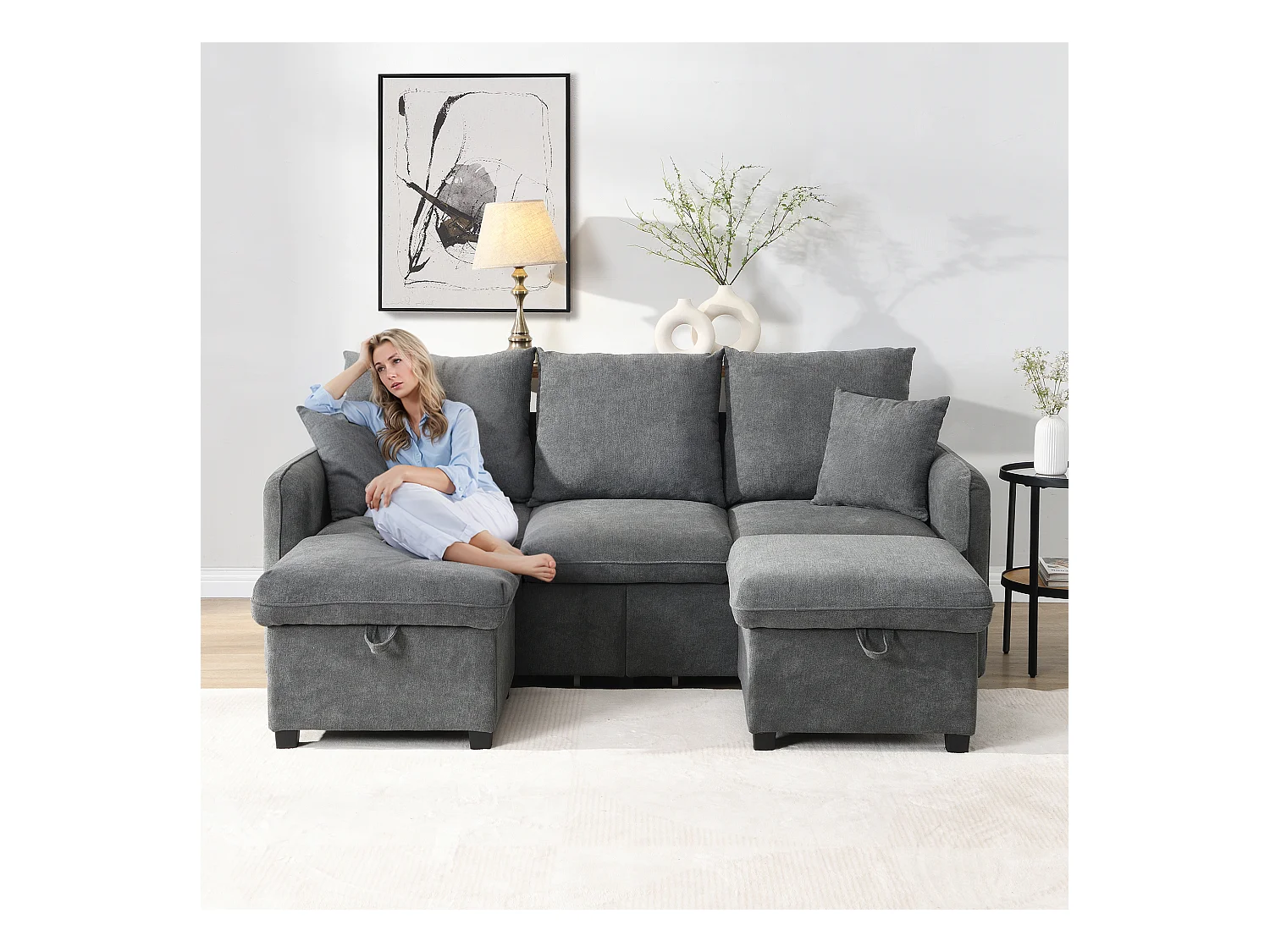 Szara sofa narożna - Sofa 3-osobowa z 2 szufladami i 2 pufami ze schowkiem - szenil