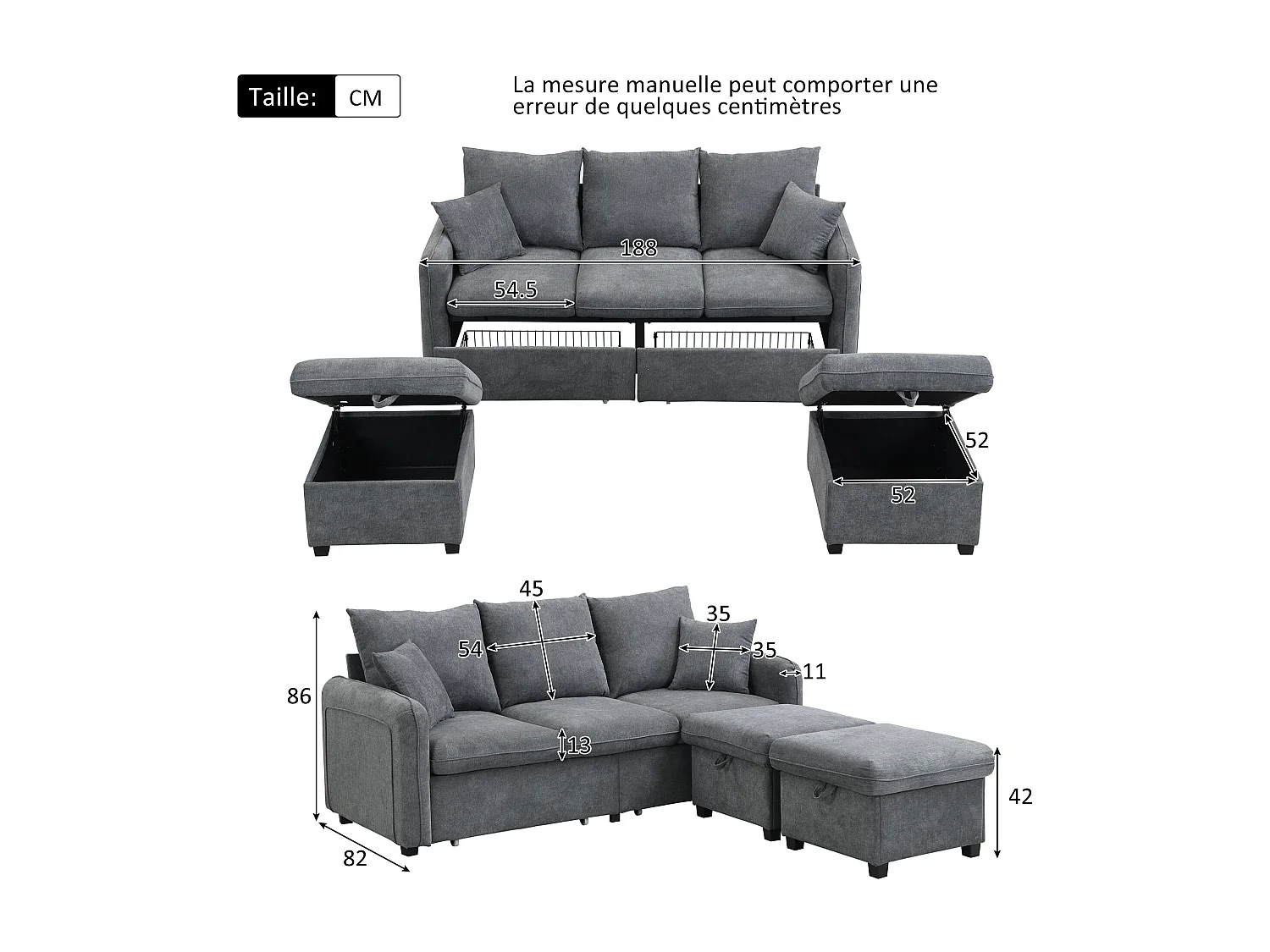Canapé d'angle gris - Canapé 3 places avec 2 tiroirs et 2 tabourets de rangement - amovible