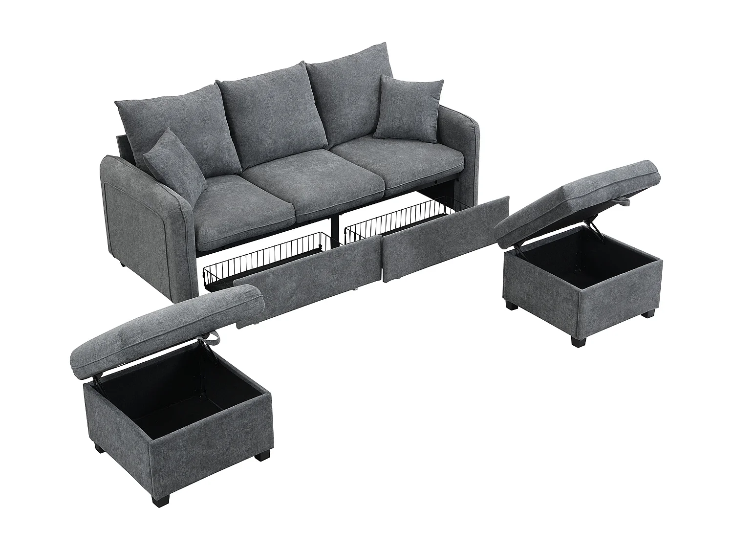 Canapé d'angle gris - Canapé 3 places avec 2 tiroirs et 2 tabourets de rangement - amovible