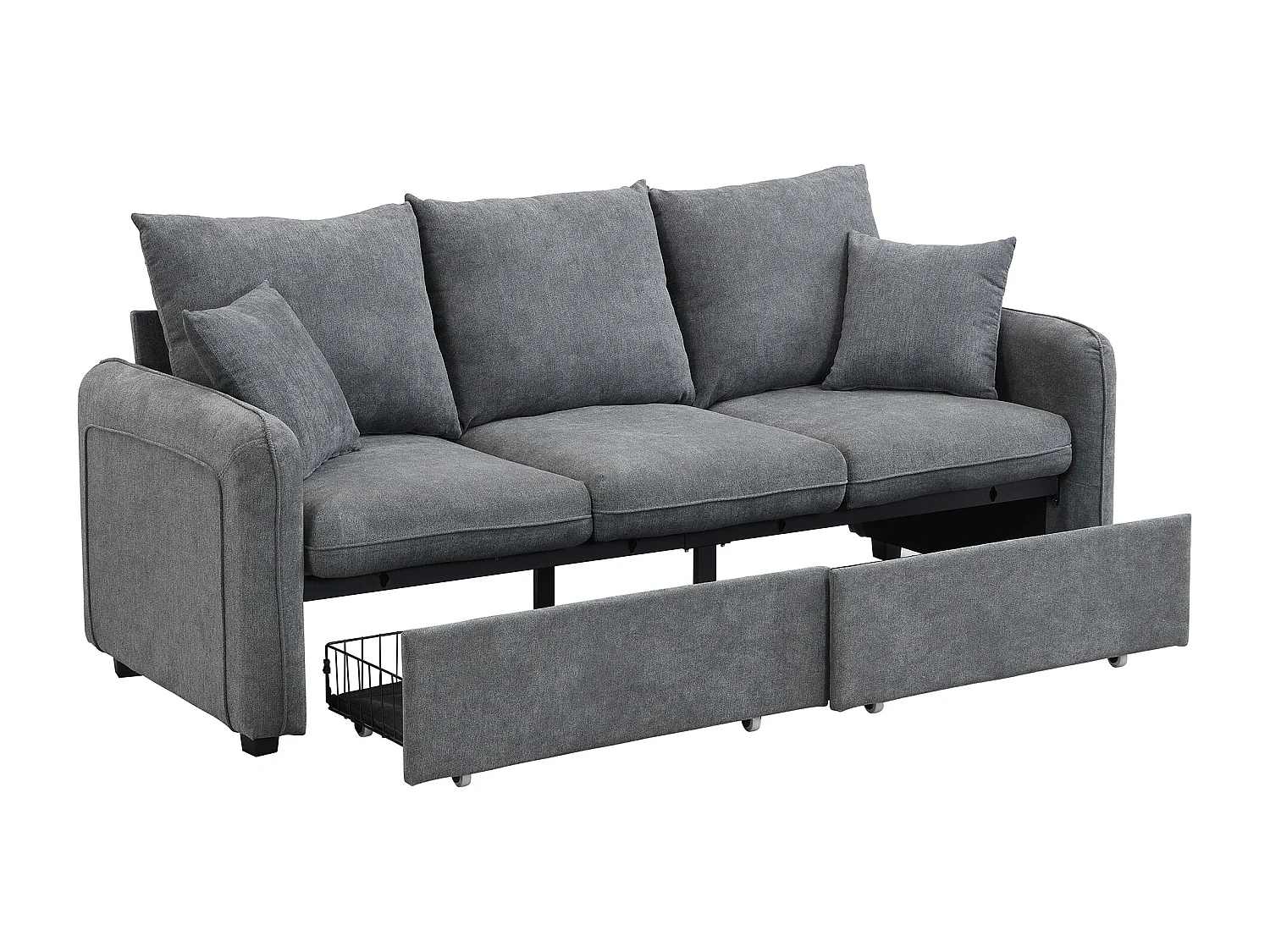 Canapé d'angle gris - Canapé 3 places avec 2 tiroirs et 2 tabourets de rangement - amovible