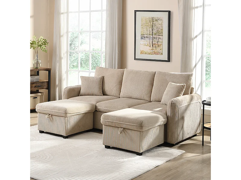 Sofá esquinero beige - Sofá de 3 plazas con 2 cajones y 2 taburetes de almacenaje - extraíble