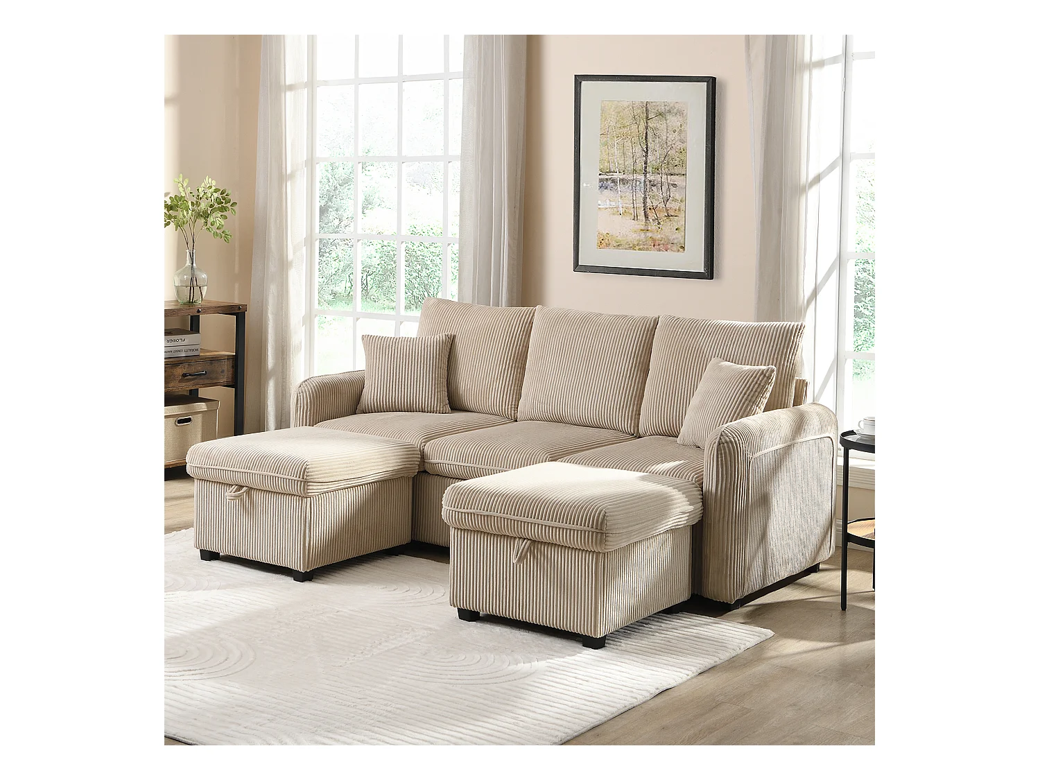 Canapé d'angle beige - Canapé 3 places avec 2 tiroirs et 2 tabourets de rangement - amovible