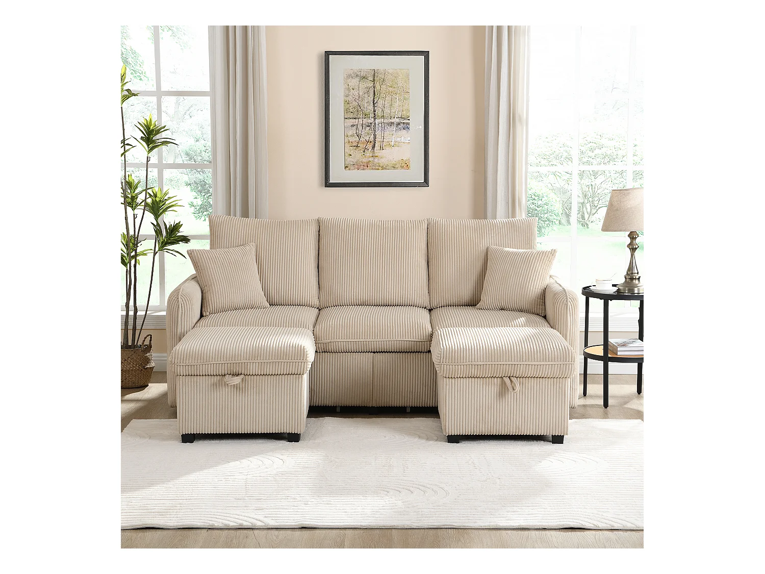 Canapé d'angle beige - Canapé 3 places avec 2 tiroirs et 2 tabourets de rangement - amovible