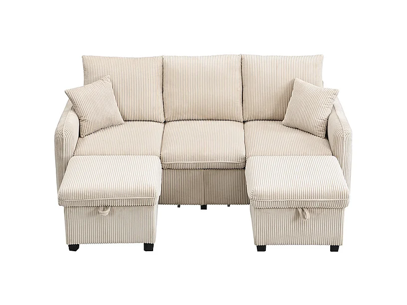 Canapé d'angle beige - Canapé 3 places avec 2 tiroirs et 2 tabourets de rangement - amovible